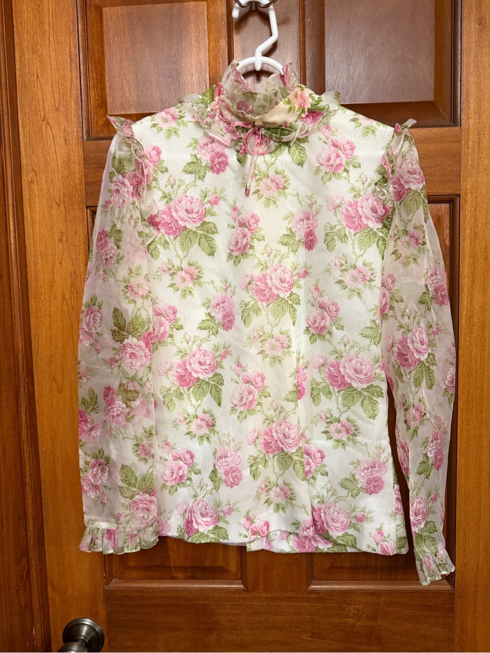 Judy Bond Womens 12 White Pink Green Floral Sheer Chiffon Ruffle Blouse Vintage